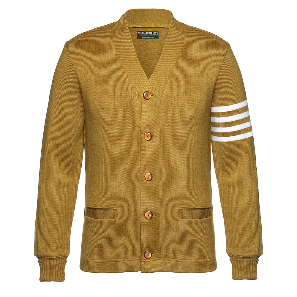 Buy Old Gold Cardigan Varsity Letter Sweater with White Stripes