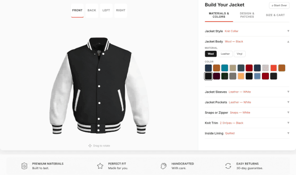 Design your own varsity jacket in the Stewart & Strauss jacket builder